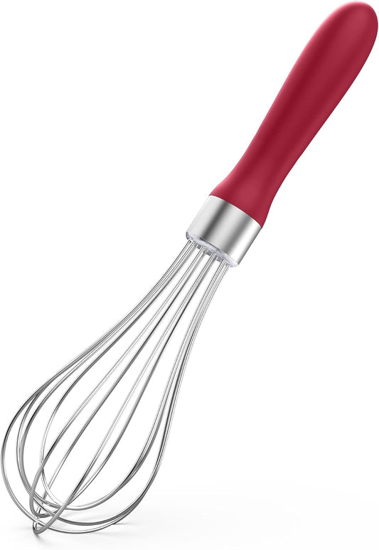U-Taste 9" Small Egg Whisk: 18/10 Stainless Steel Kitchen Cooking Wire Balloon Wisk, Heavy Duty Metal Beater Stirrer, Manual Baking Tool with 6 Flex Wires for Hand Mixing, Blending Sauce (Red)