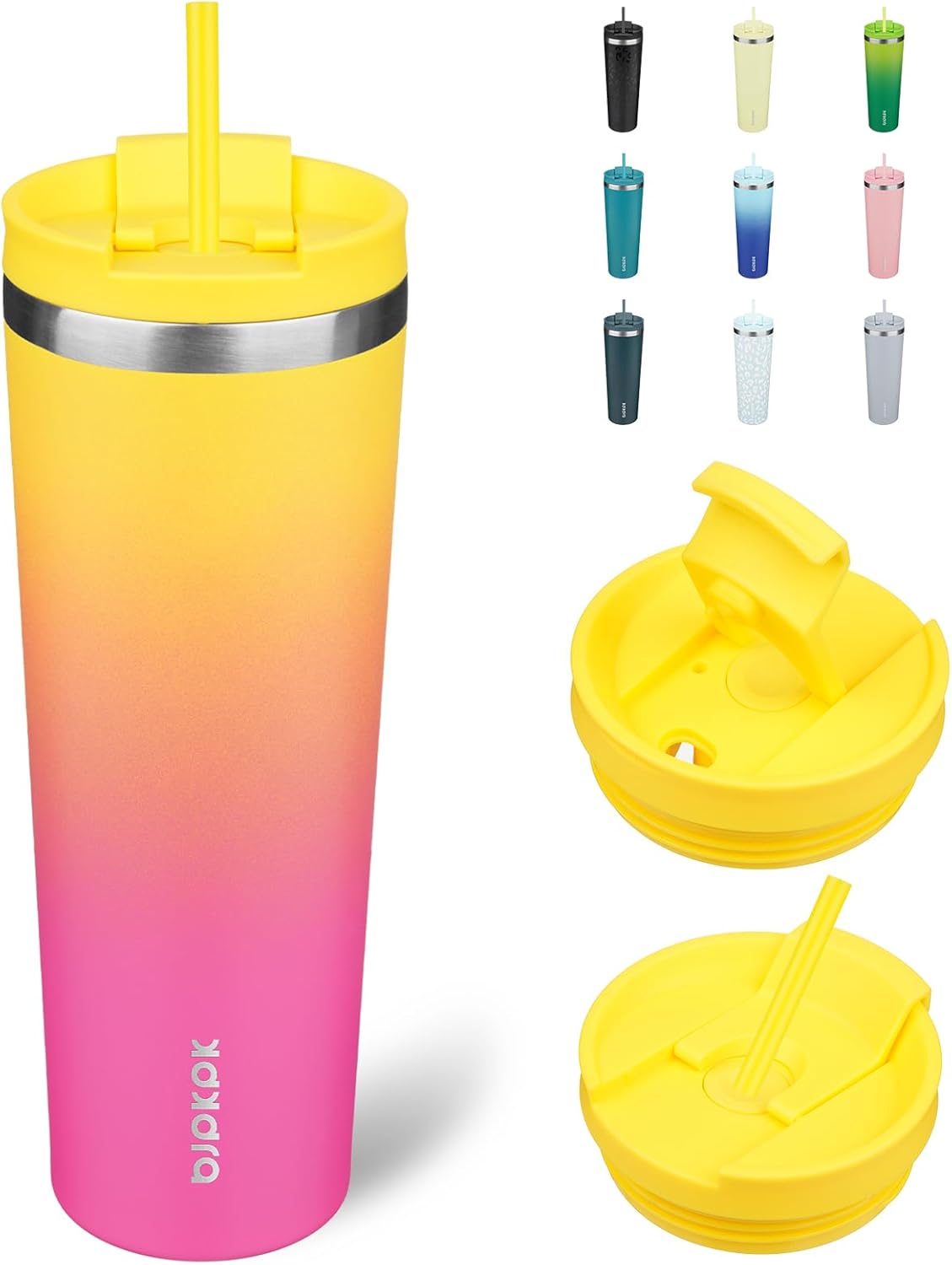 BJPKPK 30oz Stainless Steel Insulated Tumbler With lid And Straw Travel Coffee Thermal Tumblers Cup For Women And Men,Pink Yellow Rose
