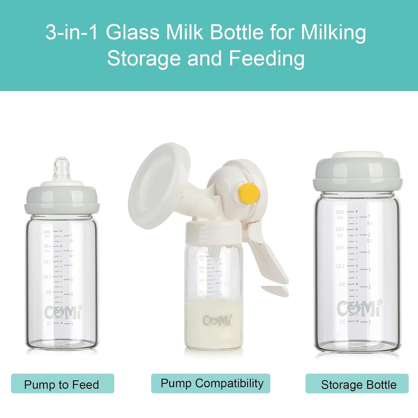COMI Wide Neck Glass Breastmilk Collection n Storage Bottle, 8oz with Screw Ring Sealing Disk; Re-markable Sealing Disc. BPA Free, Fits Breast Pumps & Nipples (4 Gray Lids)