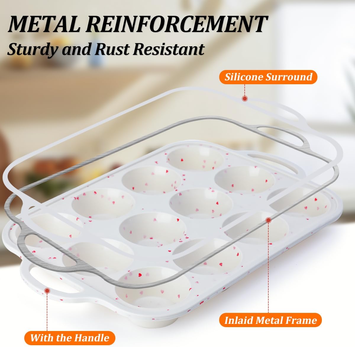 CAKETIME Silicone Muffin Pan, Metal Reinforced Frame Silicone Cupcake Pan Easy to Handle 12 Cups for Valentine's Day Baking Nonstick Regular Size Muffin Tin 1 Pack Love Heart