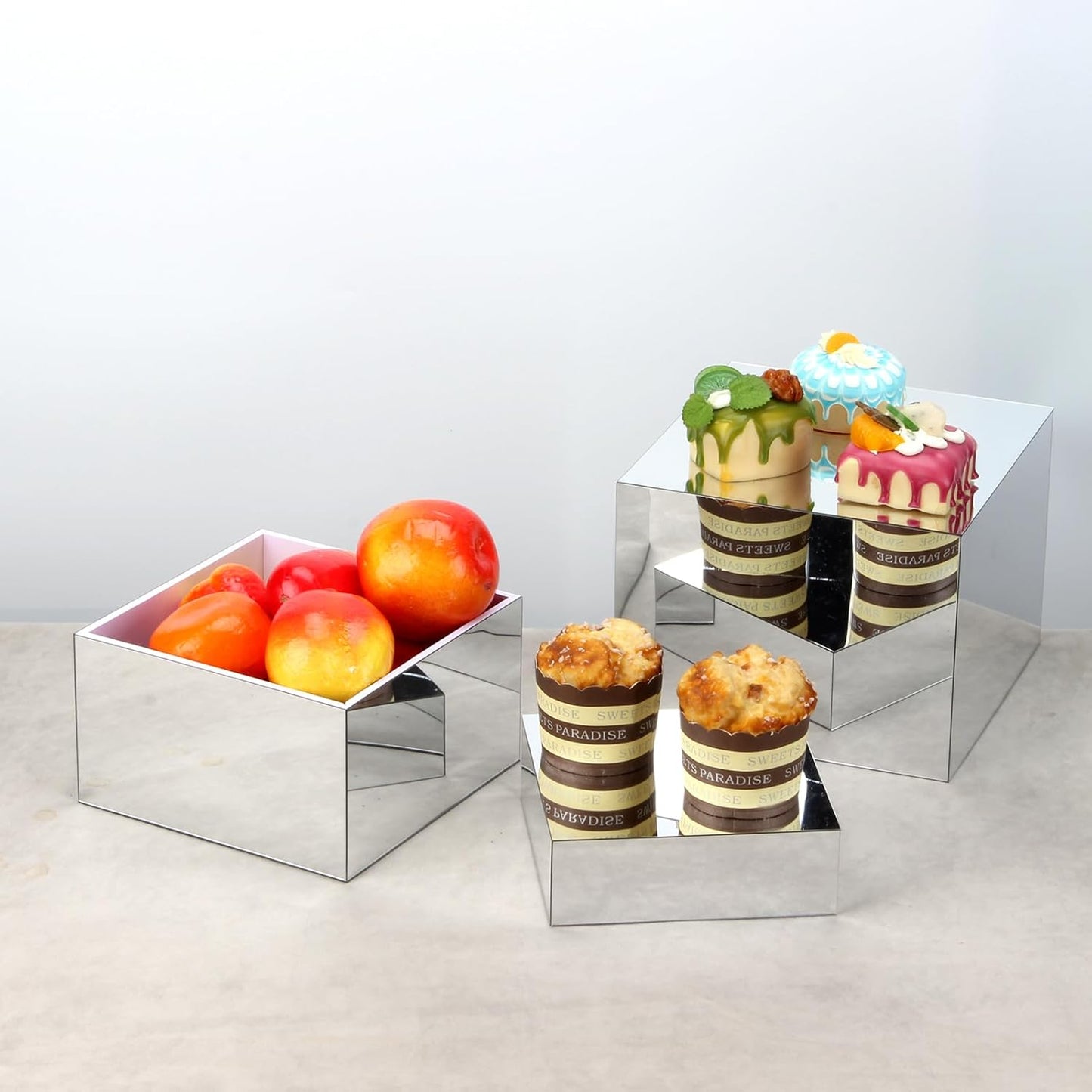 Acrylic Silver Mirror Display Riser, 3 Pcs Glossy Silver Risers for Display Food Display Lifter Nesting Display Risers Hollow Bottom, Acrylic Box Rack Perfume Cosmetics Collection Stand