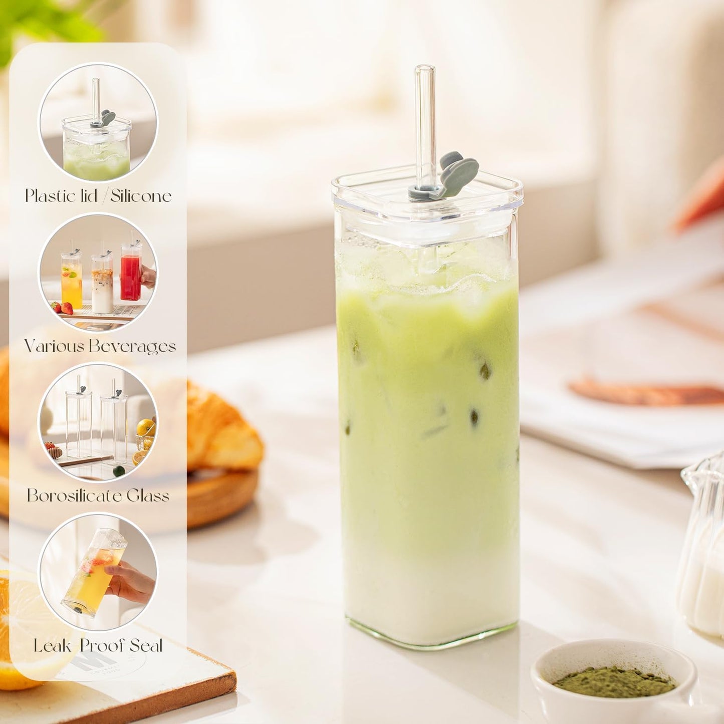 12 Sets Square Drinking Glass Cups with Lids & Straws, 17 Oz Clear Highball Glasses for Cocktail, Iced Coffee, Juice, Beer - Modern Glass Tumblers