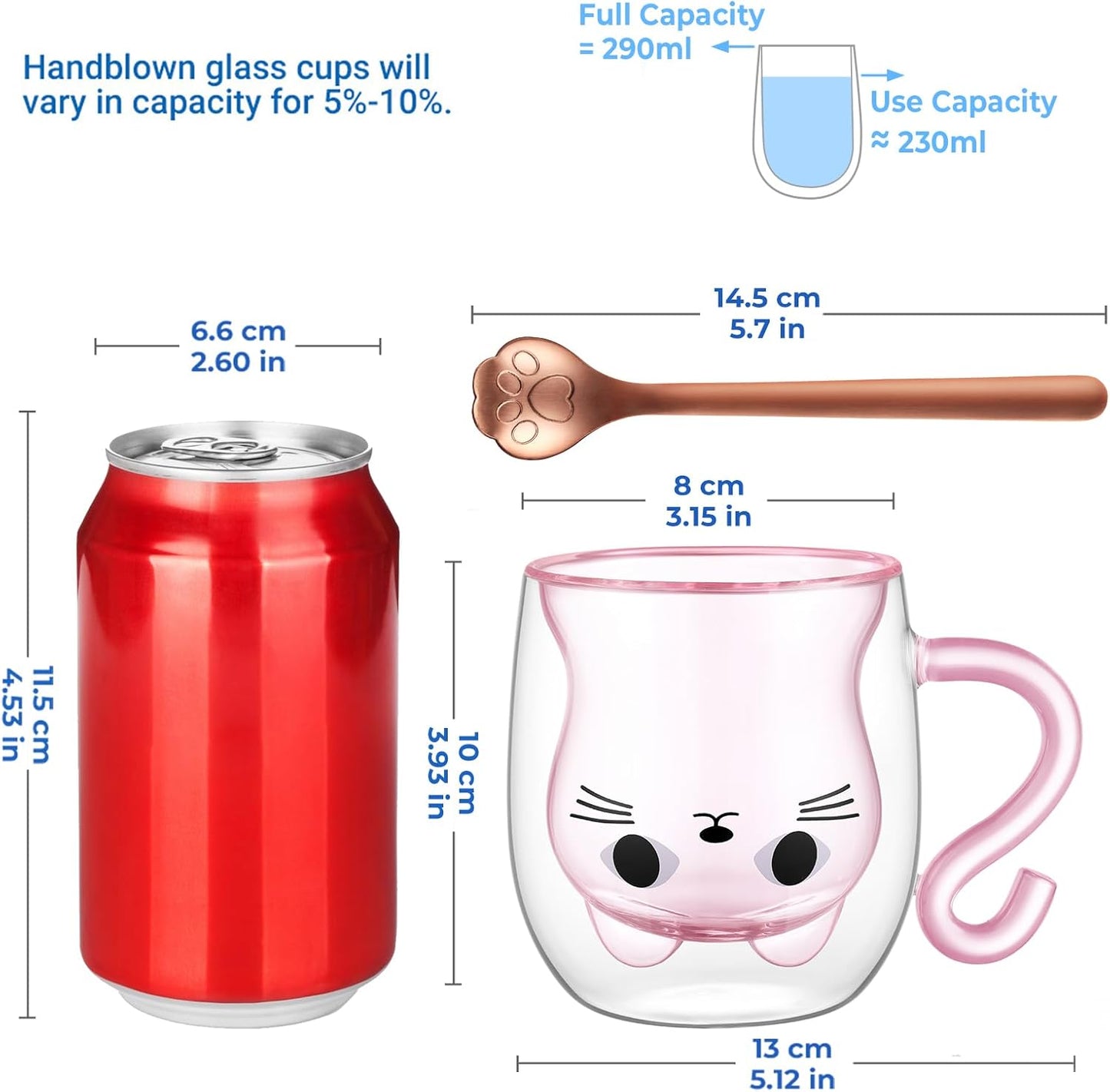 ecooe Cute Cat Mug Double Walled Glass Mug 290ml Coffee Cup Cappuccino Latte Glass Cup with Handle and Spoon, Clear Glass Coffe Mug Tea Cup Cat Birthday Christmas Gifts for Women Kids Girls Friends