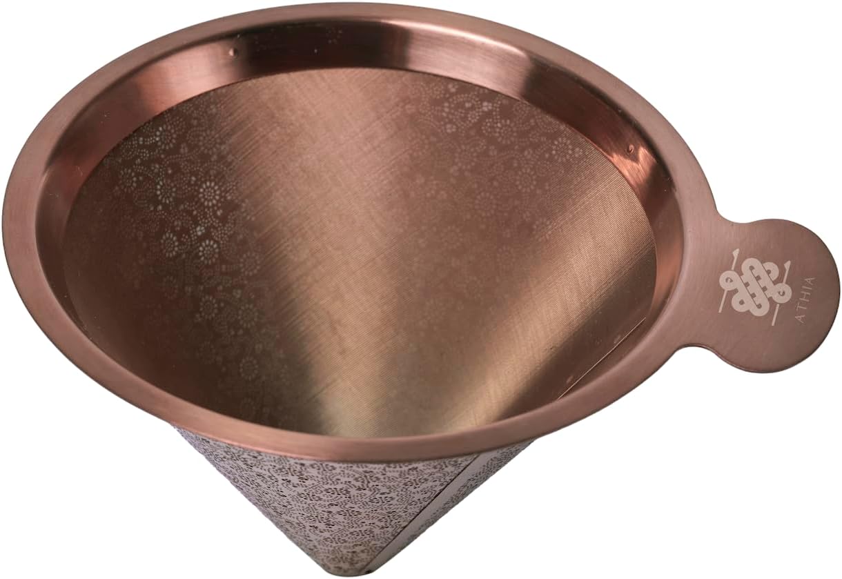 ATHIA Golden Reusable Stainless Steel Pour Over Coffee Dripper, Laser-etched Double mesh Cone Filter, Paperless, Eco-friendly, Fits Hario, Chemex, carafes & Most Coffee Makers (Rose Golden, Cone)