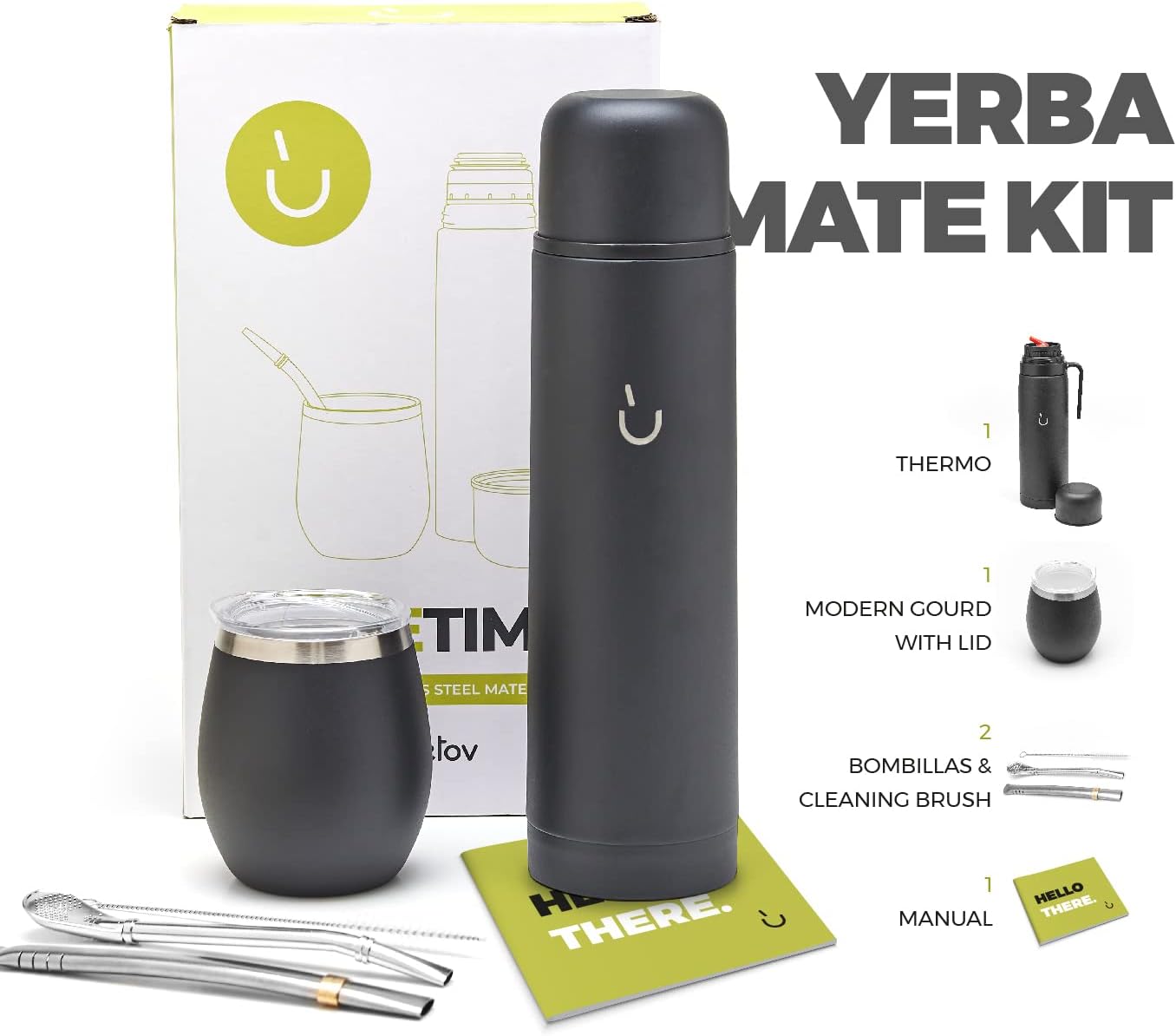 BALIBETOV Complete Yerba Mate Set - Modern Mate Gourd, Thermal Flask, Bombilla and Cleaning Brush Included - All Premium Quality 304 18/8 Stainless Steel (Full Black)