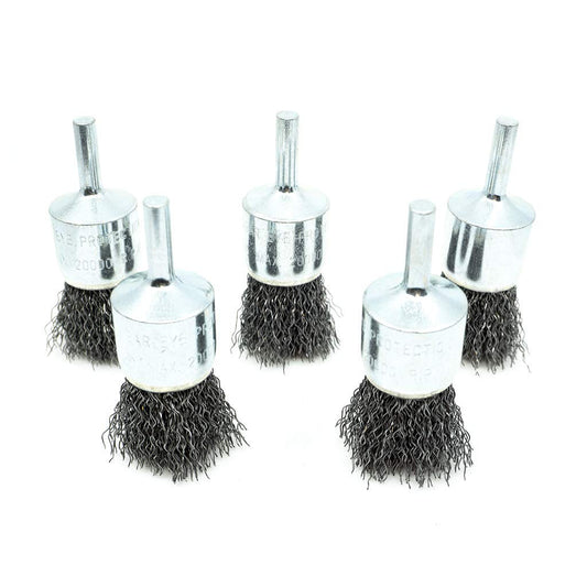 Benchmark Abrasives 1" Crimped Wire End Brush Die Grinder for Cleaning deburring on Cast Iron, Steel, Titanium, Nickel, 1/4" Shank for Rotary Tools (5 Pack) - Carbon Steel