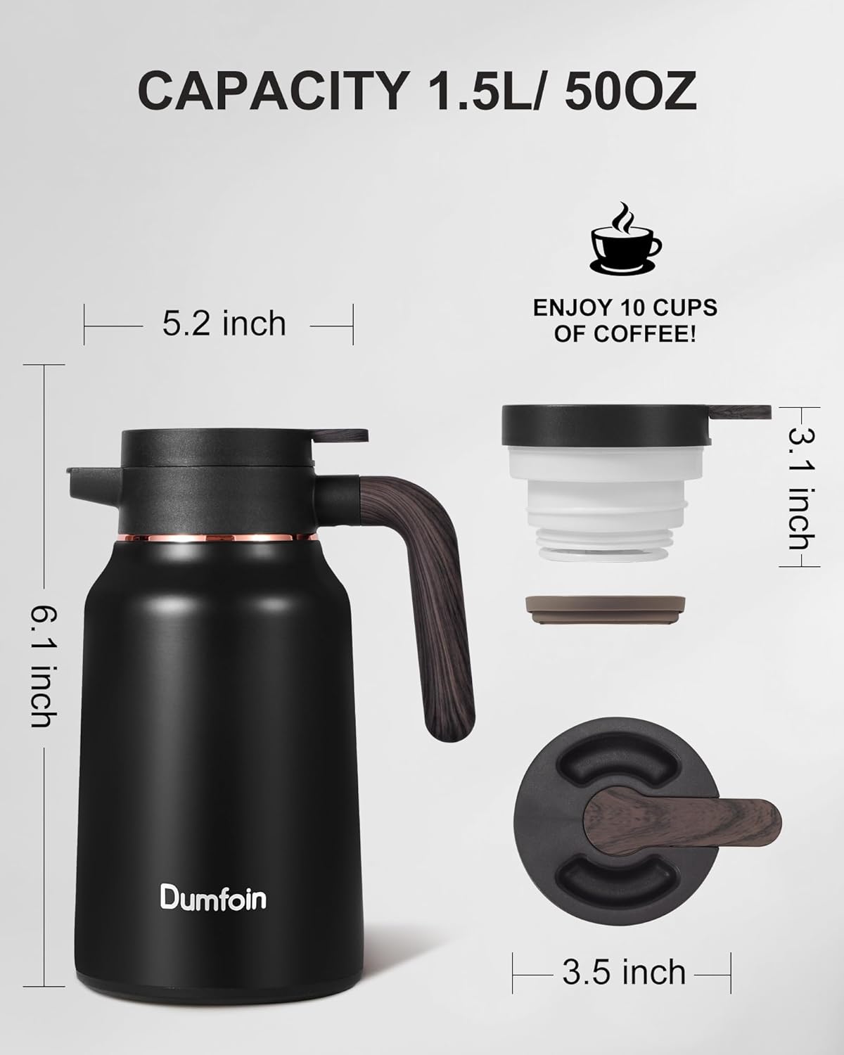 Carafes for Hot Liquids 51 oz - 12 Hour Stainless Steel Thermal Coffee Carafe-Insulated Coffee Carafes For Keeping Hot/Cold Coffee, Tea, Water, 1.5 Liter Beverage Dispenser(Black/Gold)