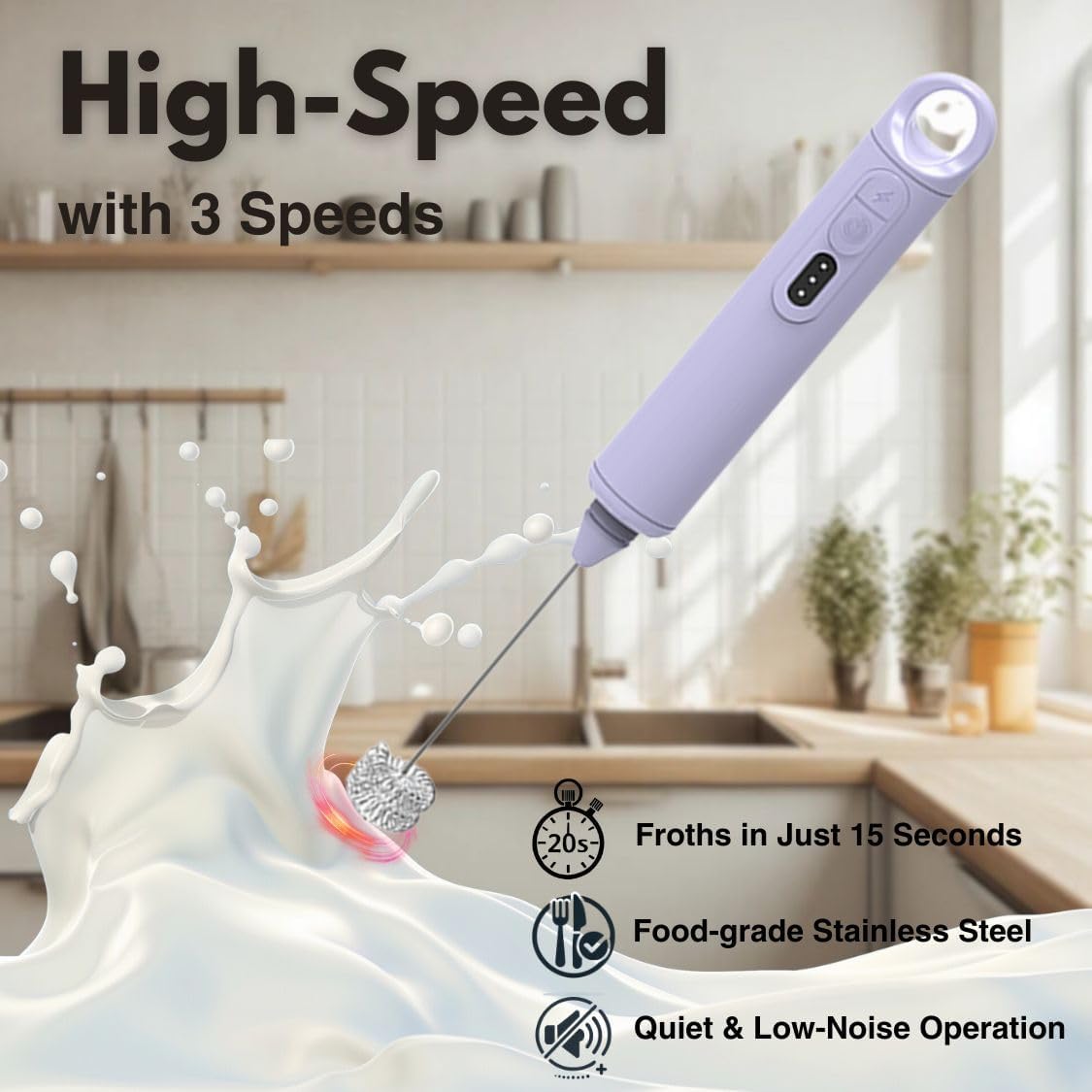 Rechargeable Milk Frother Handheld 3 Speed Coffee Foamer [3 Whisk] Electric Drink Mixer for Latte, Cappuccino, Coffee, Eggs, Hot Chocolate, Purple