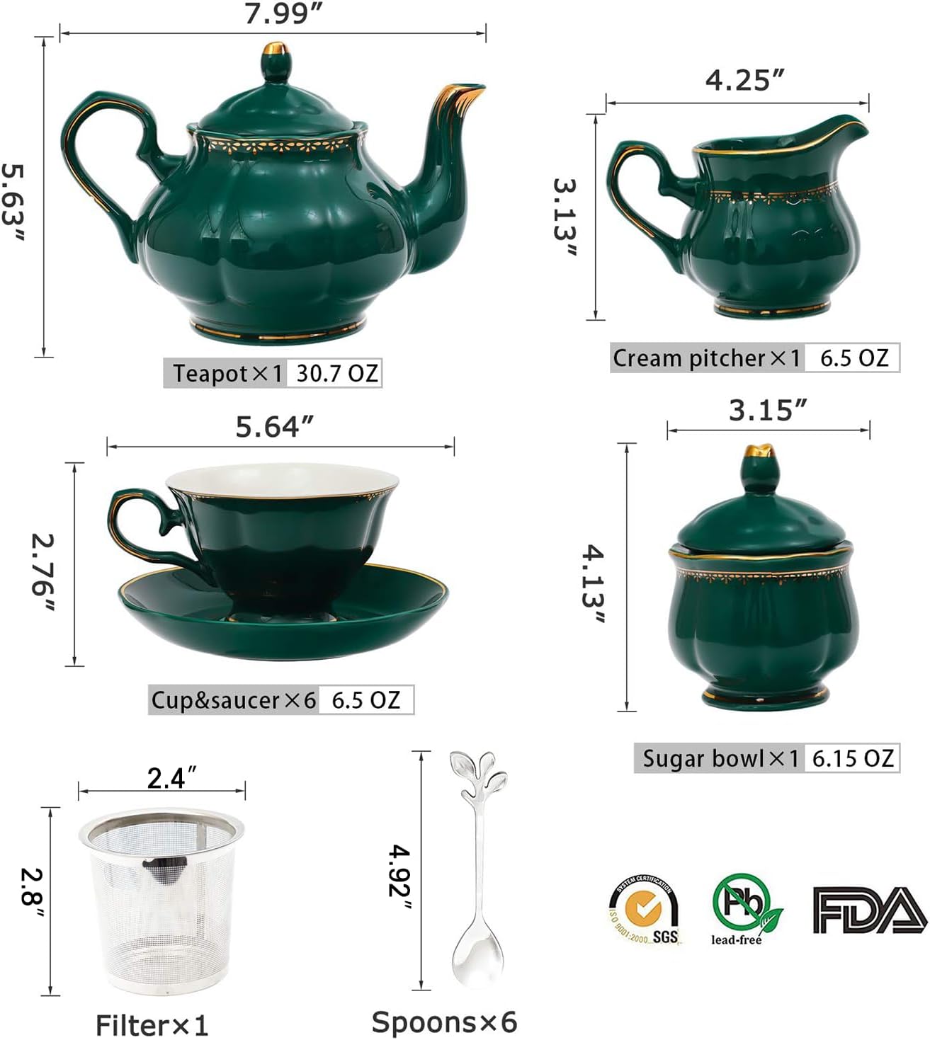 CHENP.HMC Tea Set 22-Piece Porcelain Ceramic Coffee Tea Sets Cups Saucer Service for 6 Teapot Sugar Bowl Creamer Pitcher and Teaspoons Porcelain Tea Set(Dark Green)