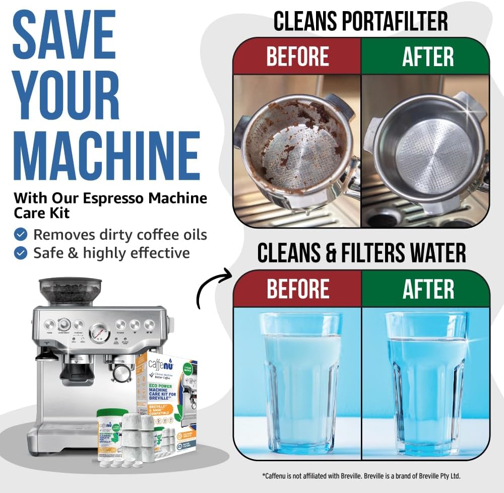 Caffenu Breville Compatible Cleaning Tablets & Water Filter. 52 Espresso Machine Cleaning Tablets & 6 Breville Filters for Espresso Machine. Removes Build-up & Filters Water Impurities. Years Supply.
