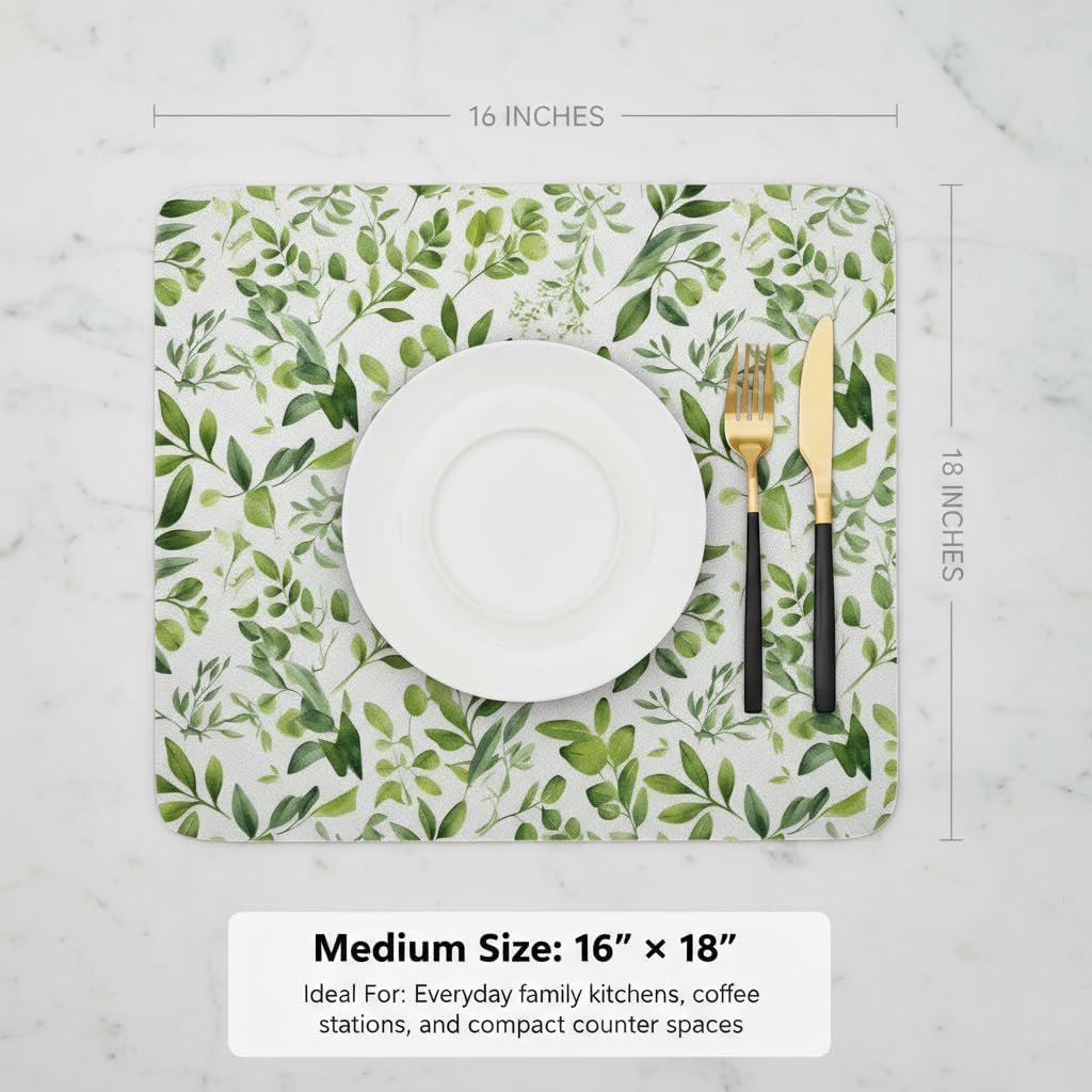 Dish Drying Mat Super Absorbent – 16" x 18" Coffee Mat for Countertops – Non-Slip Drying Mat for Kitchen Counter – Easy to Clean Water Absorbent Mat – Quick Dry Dish Mats (Green Leaves)