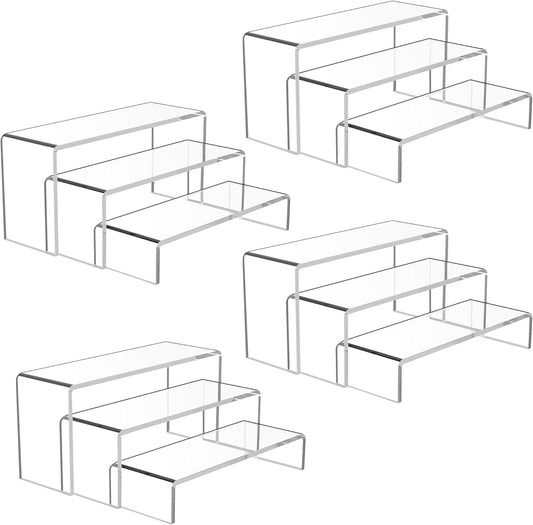 Goabroa 12 Pcs Clear Acrylic Risers Display Stands, 3 Tiers 4mm Thick Transparent Acrylic Shelves Ideal for Collectibles Stand, Party Cake Dessert Holder, Floating Visual Pop Figure Display Shelves