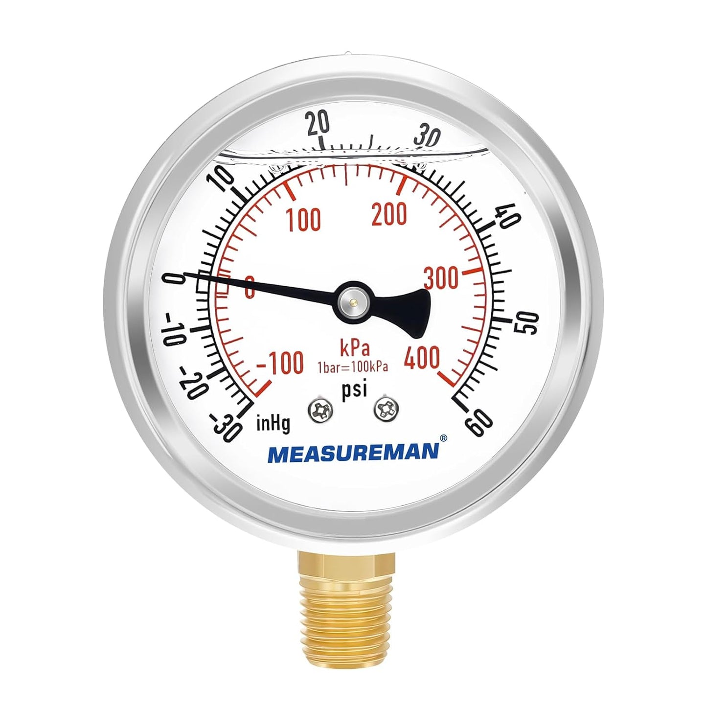 MEASUREMAN 2-1/2" Dial Size, Glycerin Filled Pressure Gauge, 30inHG-60psi, 304 Stainless Steel Case, 1/4" NPT Lower Mount