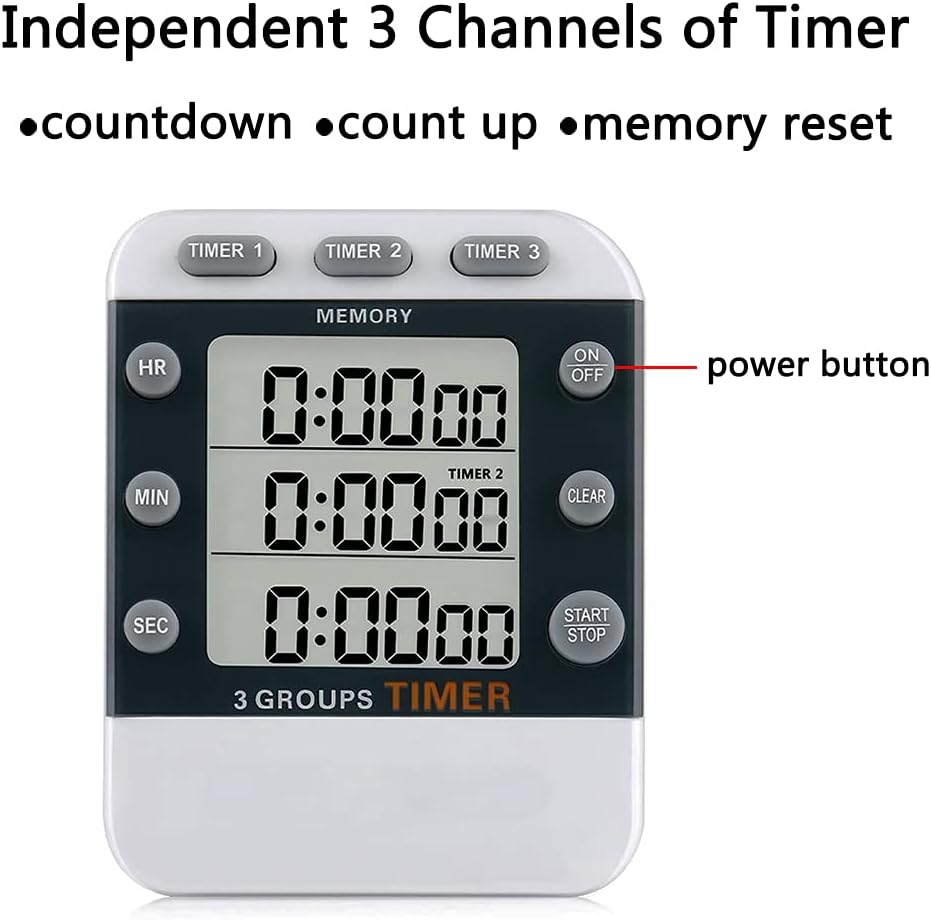 Digital Dual Kitchen Timer for Cooking, 3 Channels Count Down/up Triple Multi Timers for Food, Magnetic Memory-Preset Large-Display Adjustable Alarm Volume, 3A Battery Included