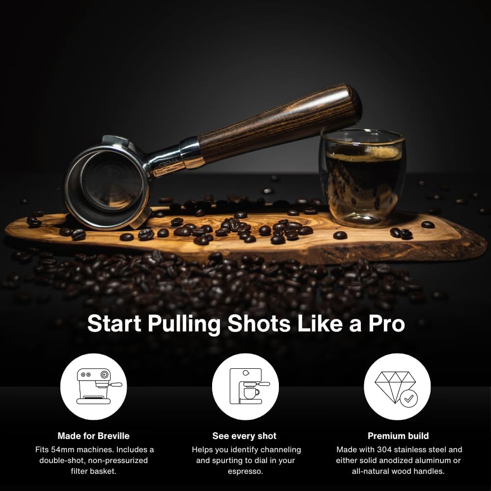 Crema Coffee Products 54mm Bottomless Naked Portafilter | Compatible with 54mm Breville Machines | Includes Double Shot Filter Basket | Walnut