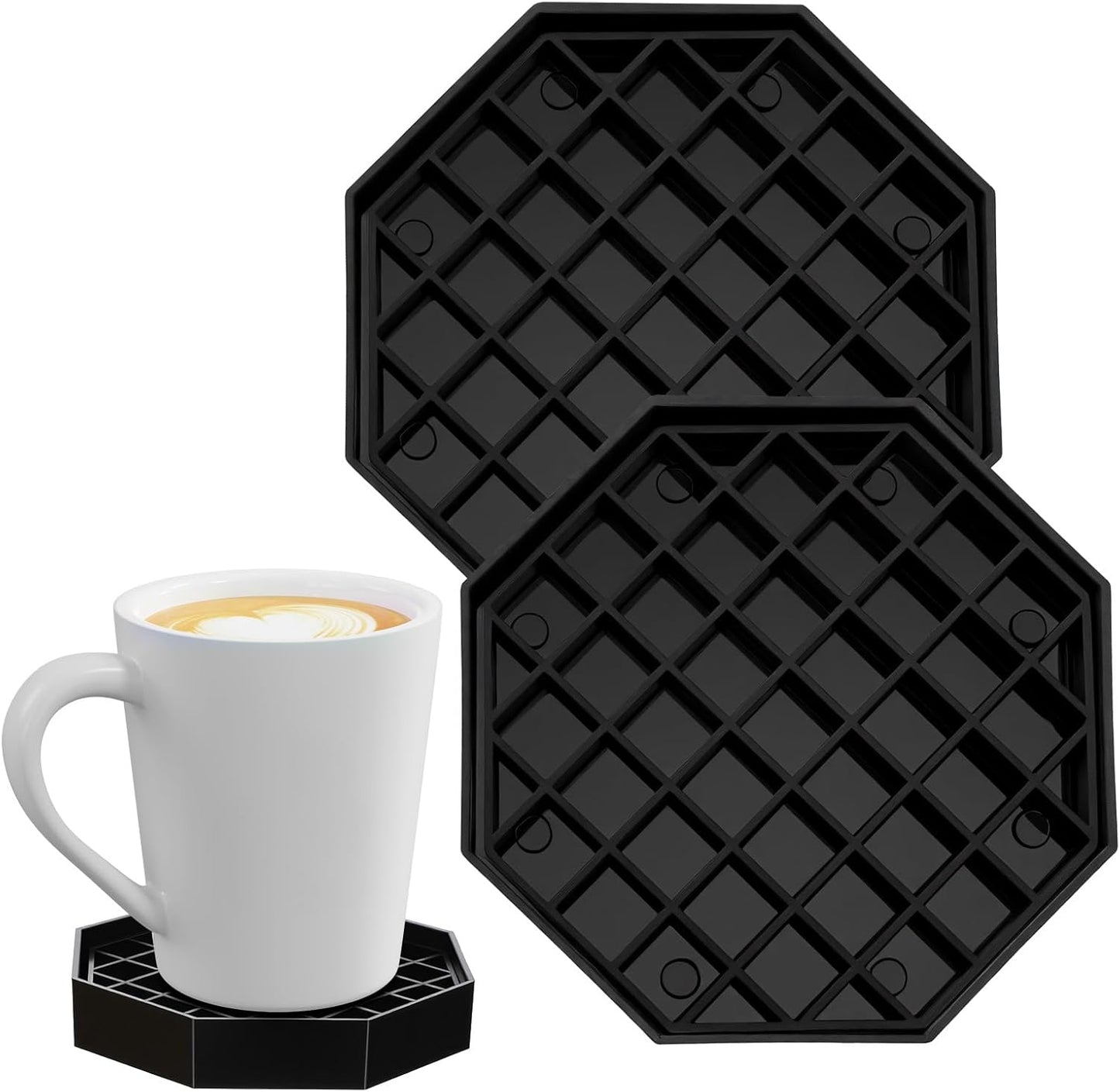 2 Pcs 4 Inch Coffee Drip Tray, Octagonal Drip Catcher Tray with Honeycomb Grid, Spill Coaster for Coffee, Tea, Wine, Beverage, Black