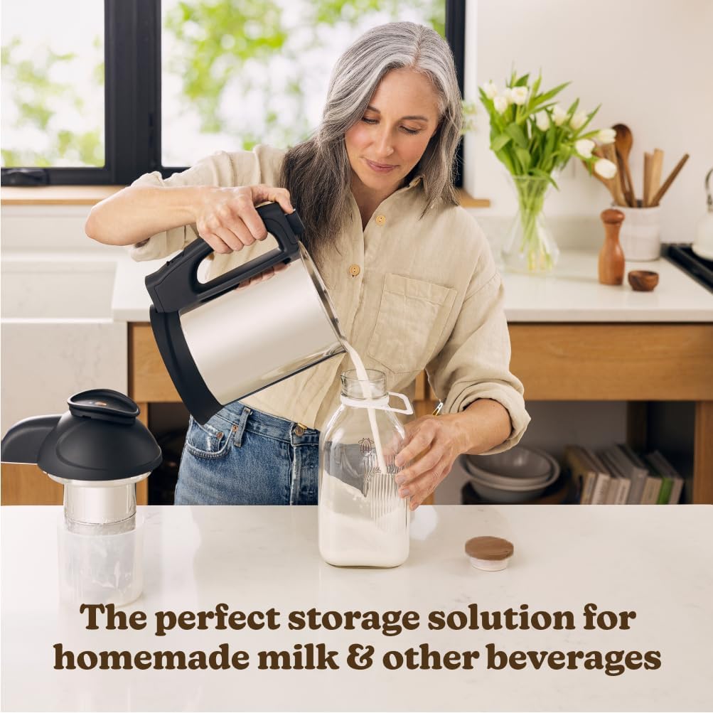 Almond Cow - Glass Pitcher with Lid and Spout, Bottle for Refrigerator, Clear Milk Jug, Food-Grade Glass Liquid Container, 60 fl oz Capacity (Pack of 8), 5 x 4 x 10 Inches