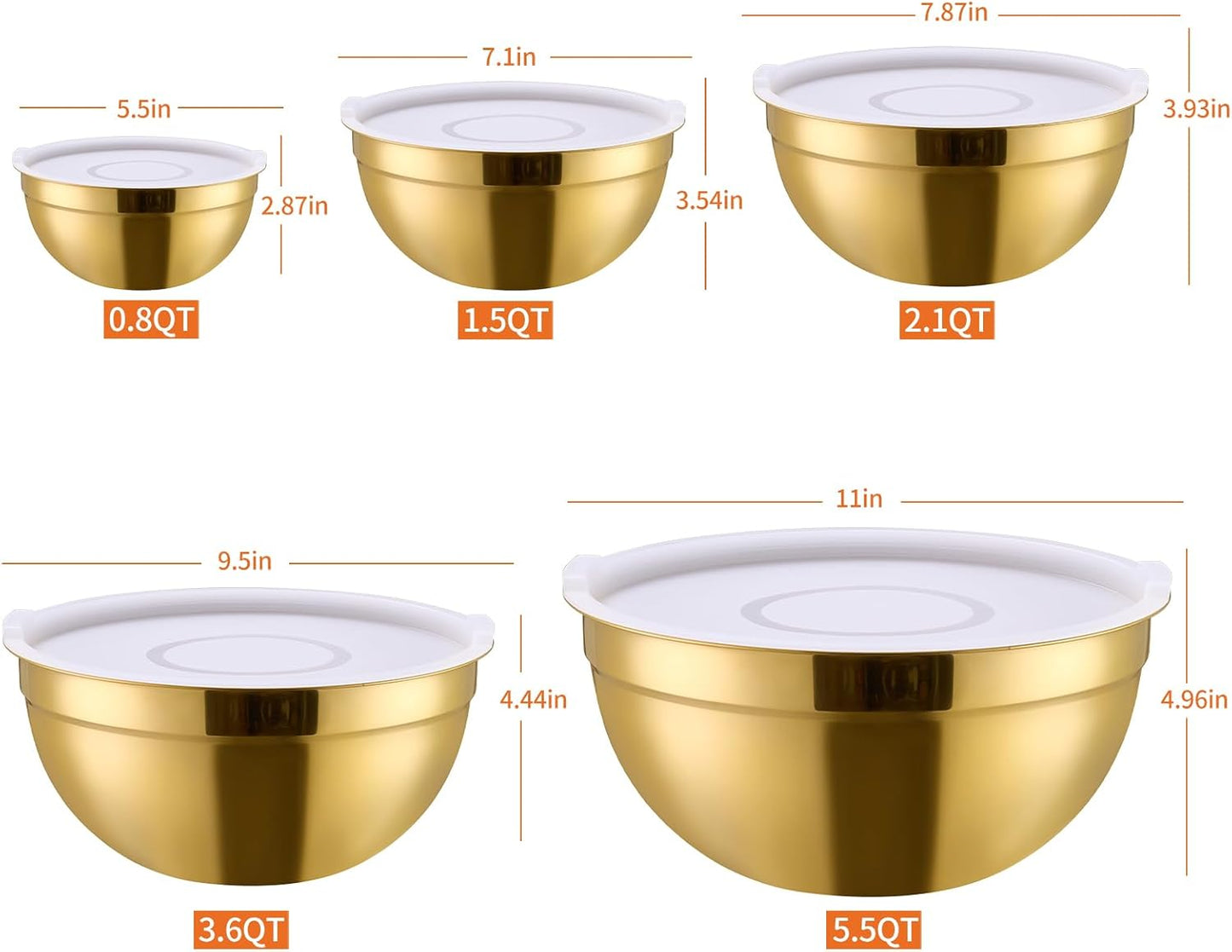 Gold Mixing Bowls With Airtight Lids,Stainless Steel Bowl,Salad Bowls 5 Piece Colorful Nesting Bowl Gold Kitchen Accessories,Size 5.5,3.6,2.7,2.1,1.5QT Stackable Design