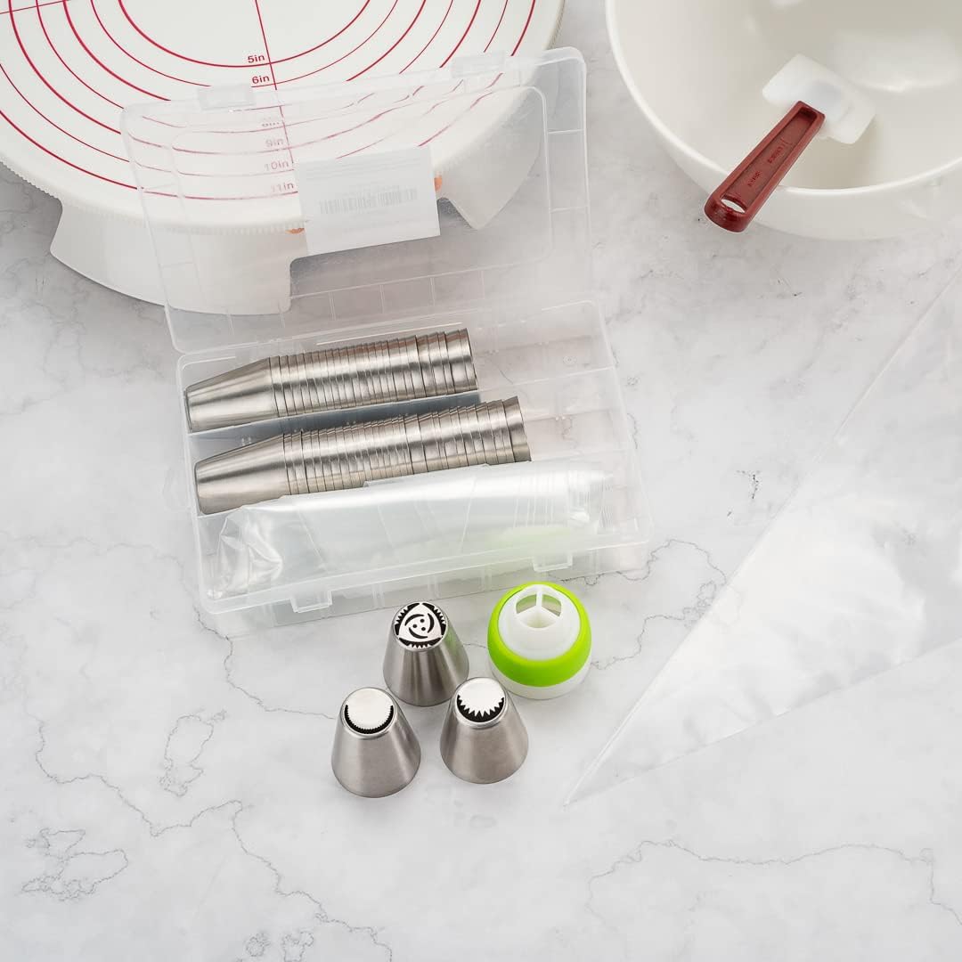 Restaurantware Pastry Tek Russian Piping Tips Set 68 Piece Durable Cake Decorating Kit - 57 Piping Tips 10 Piping Bags Stainless Steel Piping Bags And Tips Set 1 Tri-Color Coupler