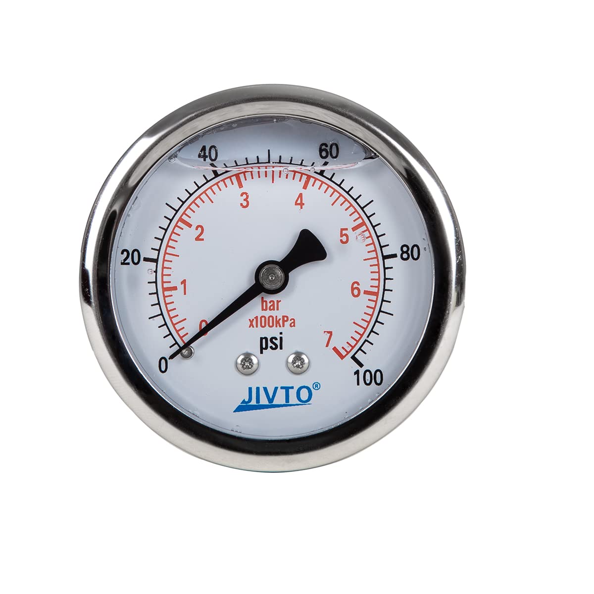 Pressure Gauge,Liquid Filled,2.5" Dia,0-100 psi/bar/kpa,1/4" NPT Back Mount, Polycarbonate Lens Window, Stainless Steel case