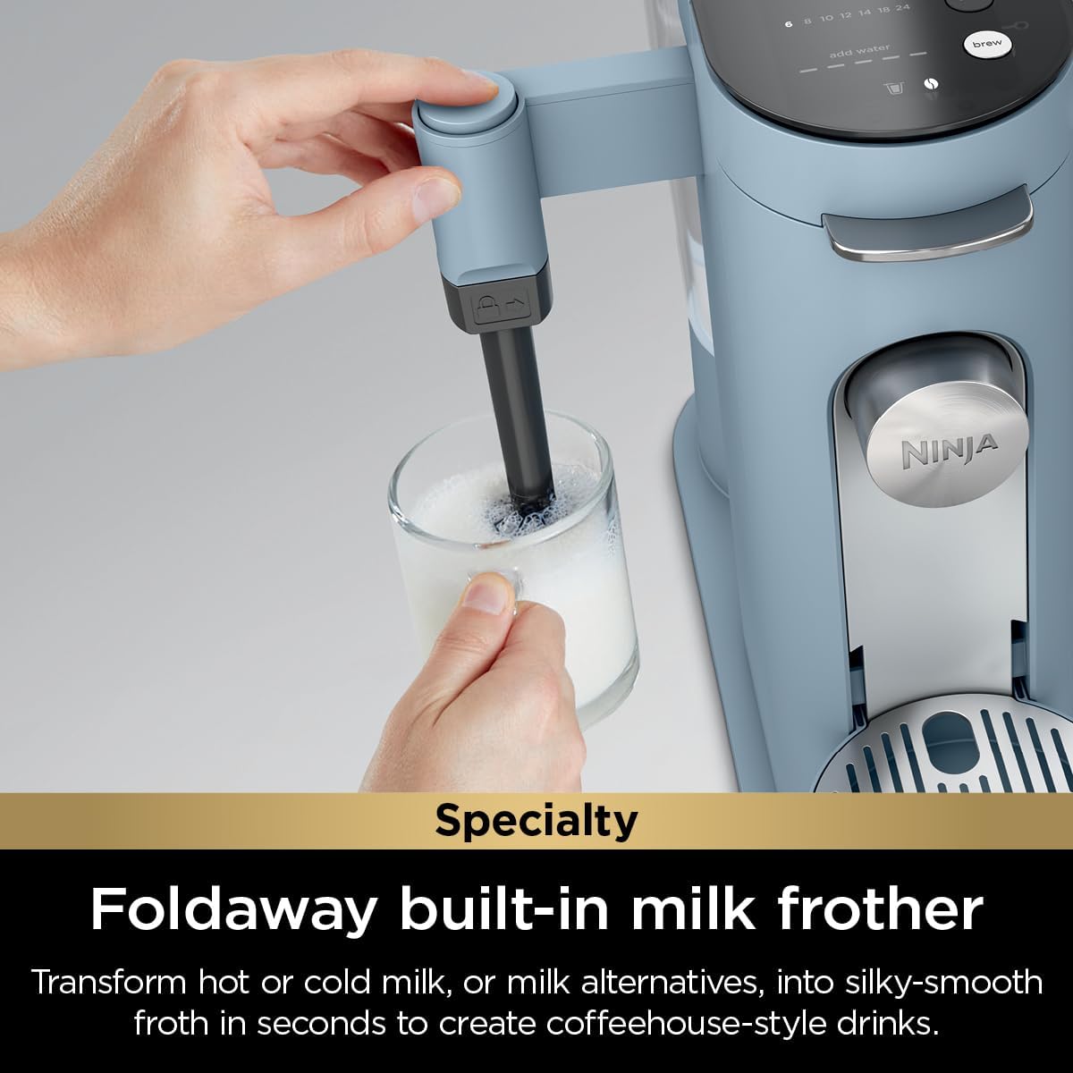 Ninja Pod & Grounds Specialty XL Single-Serve Coffee Maker, K-Cup Pod Compatible, Brews Grounds, Compact Design, Built-In Milk Frother, 68-oz. Reservoir, 6oz. Cup-24oz. Mug Sizes, Denim Blue, PB055ABL