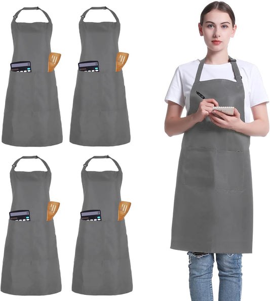 4 Pack Chef Apron, Adjustable Apron with 2 Pockets, Unisex Personalised Apron for Cooking, Kitchen, Restaurant