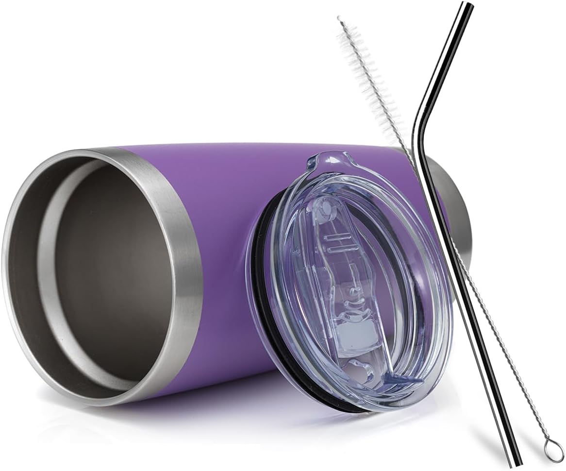 COMOOO 20oz 8 Pack Tumbler Double Wall Vacuum Insulated Coffee Travel Mug Stainless Steel Tumbler Bulk with Lid and Straw Durable Powder Coated Insulated Coffee Cup for Cold & Hot Drinks Purple 8 Pack