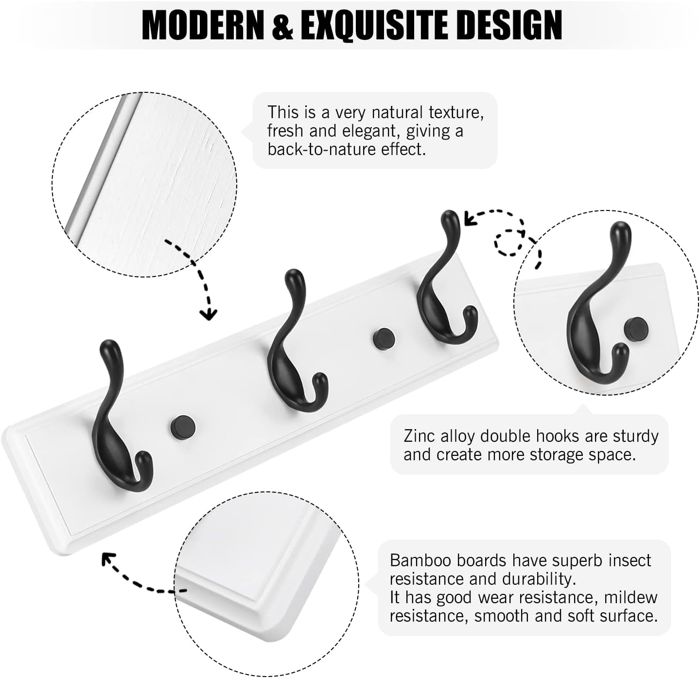 Wooden Coat Rack, Wall-Mounted Organizer for Closet, Entryway, Hallway, Foyer, Bedroom, Heavy Duty Double Hooks for Hanging Towels, Bags, Hats, Jackets, Key (WhiteBlack, 3 Hooks)