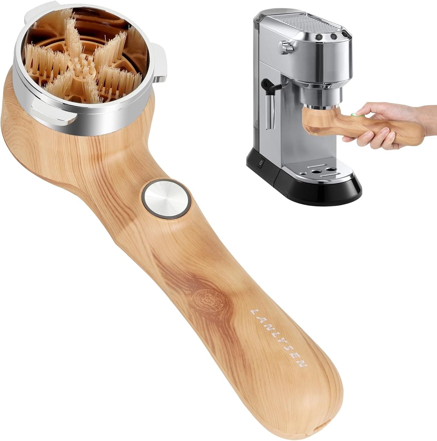 Espresso Coffee Machine Cleaning Brush Wood grain color espresso machine electric cleaning brush 360° Totally enclosed cleaning for 3 EARS 51MM Delonghi Dedica Style Series EC680 and EC685 SMEG ECF01
