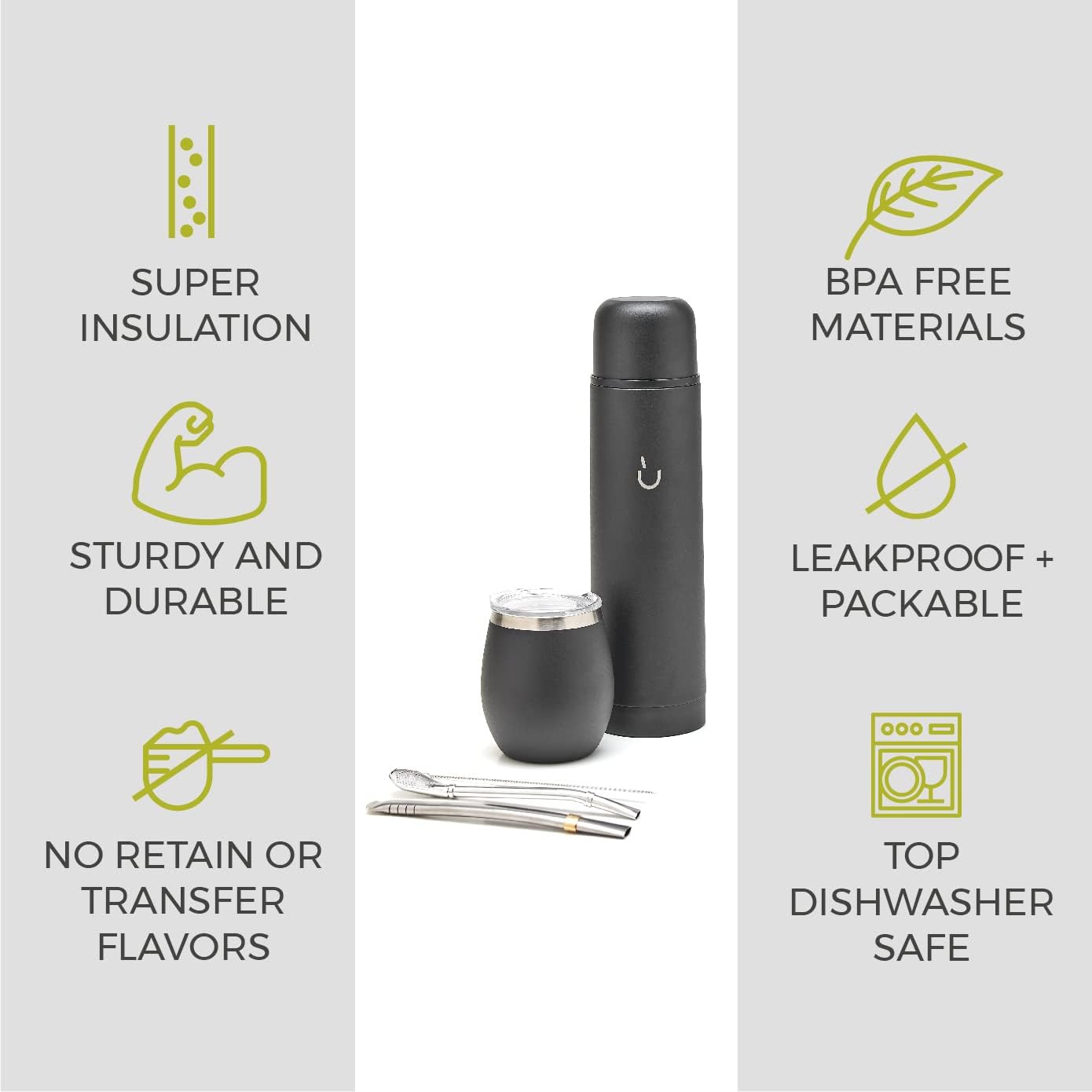 BALIBETOV Complete Yerba Mate Set - Modern Mate Gourd, Thermal Flask, Bombilla and Cleaning Brush Included - All Premium Quality 304 18/8 Stainless Steel (Full Black)