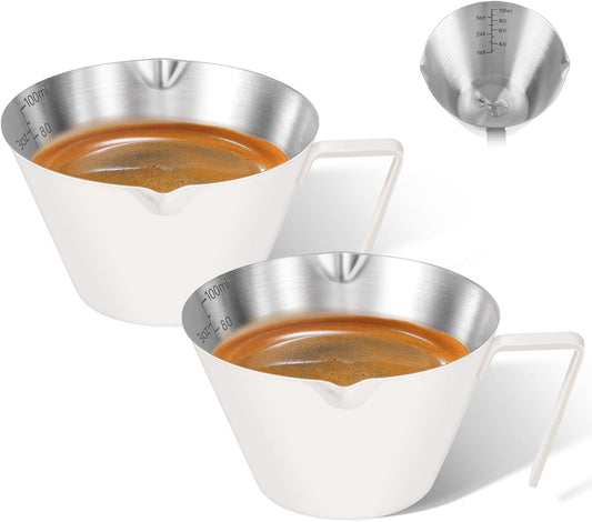 2 Pcs Espresso Cups with Handle, Stainless Steel Espresso Accessories, Double Spout Metal Measuring Cup with Dual Scale, Espresso Shot Cup with V-Shaped Mouth, 3.4OZ/100ML(White)