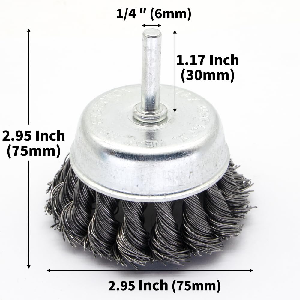 6-Piece Twisted Wire Brush Wheel Set - Metal Rust Removal, Polishing, Cleaning - 1/4″ (6mm) Shank - Removes Burrs, Dust, and Paint - Handles Rough Surfaces - Rotary Tool Accessories