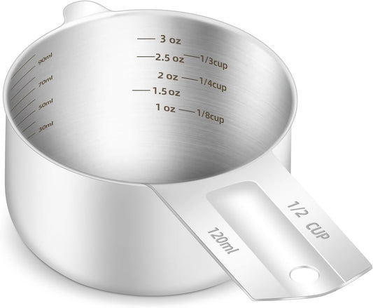 1PCS 1/2Cup (120ml, 4oz) Single Measuring Cup, Etched Inner Scale Stainless Steel Measure Scoop, Metric and US Measurement, Dishwasher Safe