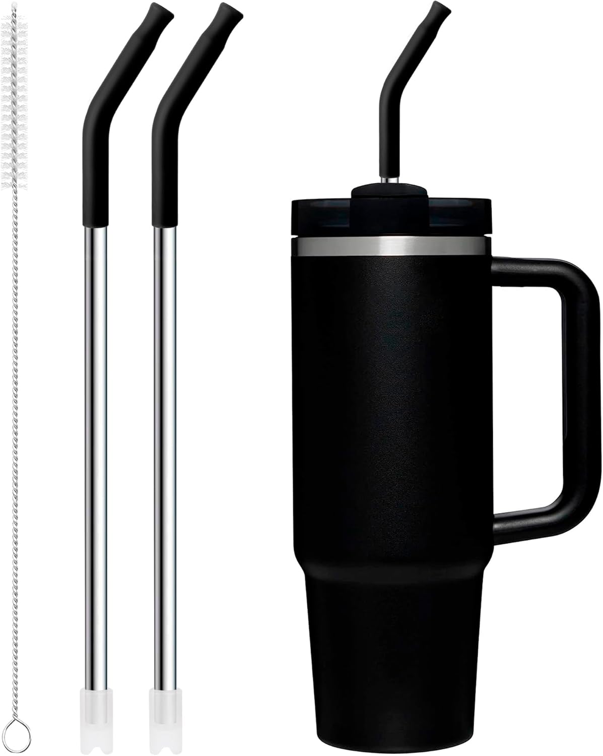 Snowfall Metal Replacement Straw with Silicone Tip for Stanley 30 OZ, 2 Pcs Reusable Long Stainless Steel Drinking Straws, 1 Straw Brush, BPA Free (Black)