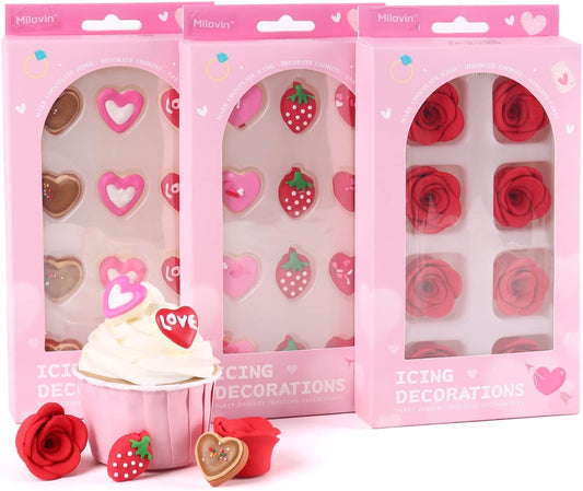 Edible Valentine Icing Decoration, Red Rose Icing Decoration, Royal Icing Heart Sprinkle, Strawberries Sugars Sprinkles for Cupcake Topper, Cake, Ice Cream, Macaron, Cookies and Chocolate.