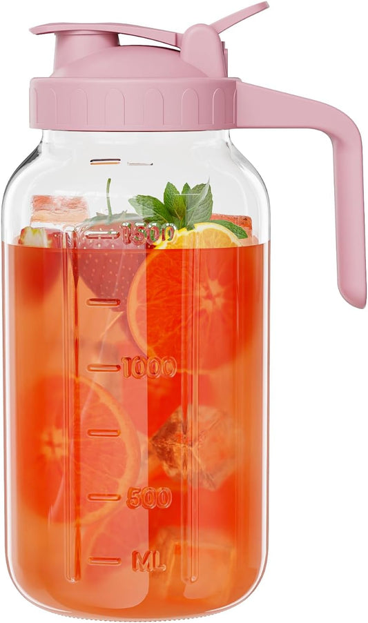 Glass Mason Jar Pitcher, 64 oz Wide Mouth Jug with Pour Spout Handle Lid for Cold Brew Coffee, Ice Beverage, Iced Juice, Lemonade, Sun Tea, Fruit Drinks Container（Pink）
