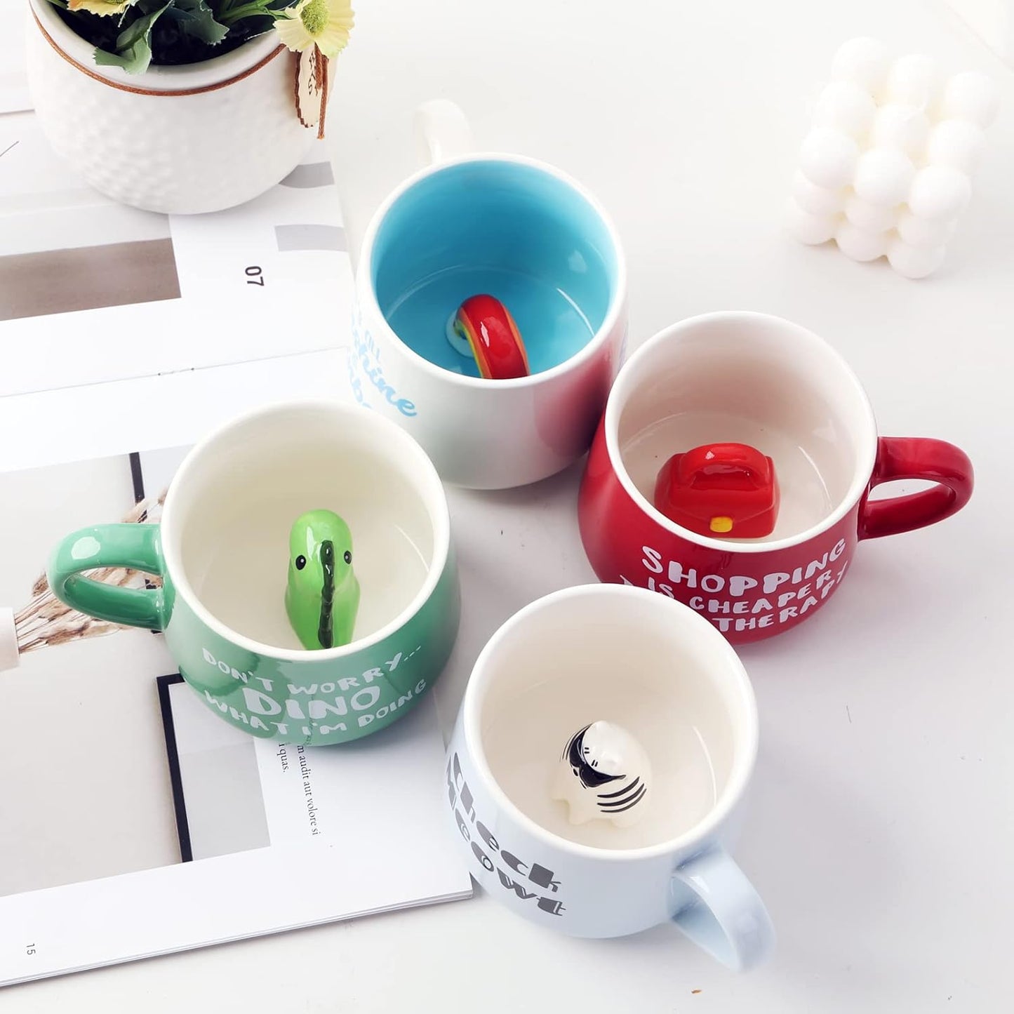 Cat Ceramic Cup Hidden 3D Animal Inside Mug,12 oz Cute Cartoon Handmade Figurine Mugs,Christmas Birthday Surprise for Friends Family or Kids (Cat)