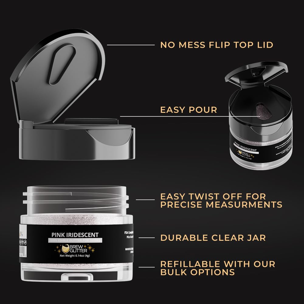 Brew Glitter Iridescent Pink Edible Drink Glitter 1x 4g Jar for Cocktails, Beer, & Beverages