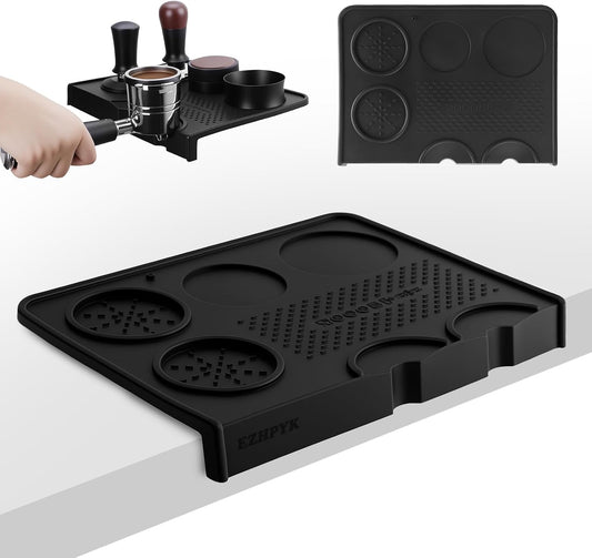 Food Grade Silicone Espresso Tamping Mat for Counter – Waterproof Non-Slip Coffee Tamper Mat for Barista Espresso Machine Accessories – Multi-Slot Tamp Station Espresso Mat for Countertop Black