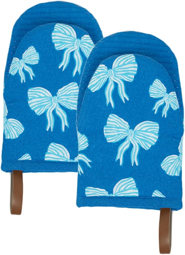 Folkulture Mini Oven Mitts Heat Resistant | (5.75 x 9) Set of 2 Short Blue Oven Mitts with Hanging Loop | 100% Cotton Oven Gloves or Bow Kitchen Mittens | Small Silicone Oven Mits or Baking Accesories