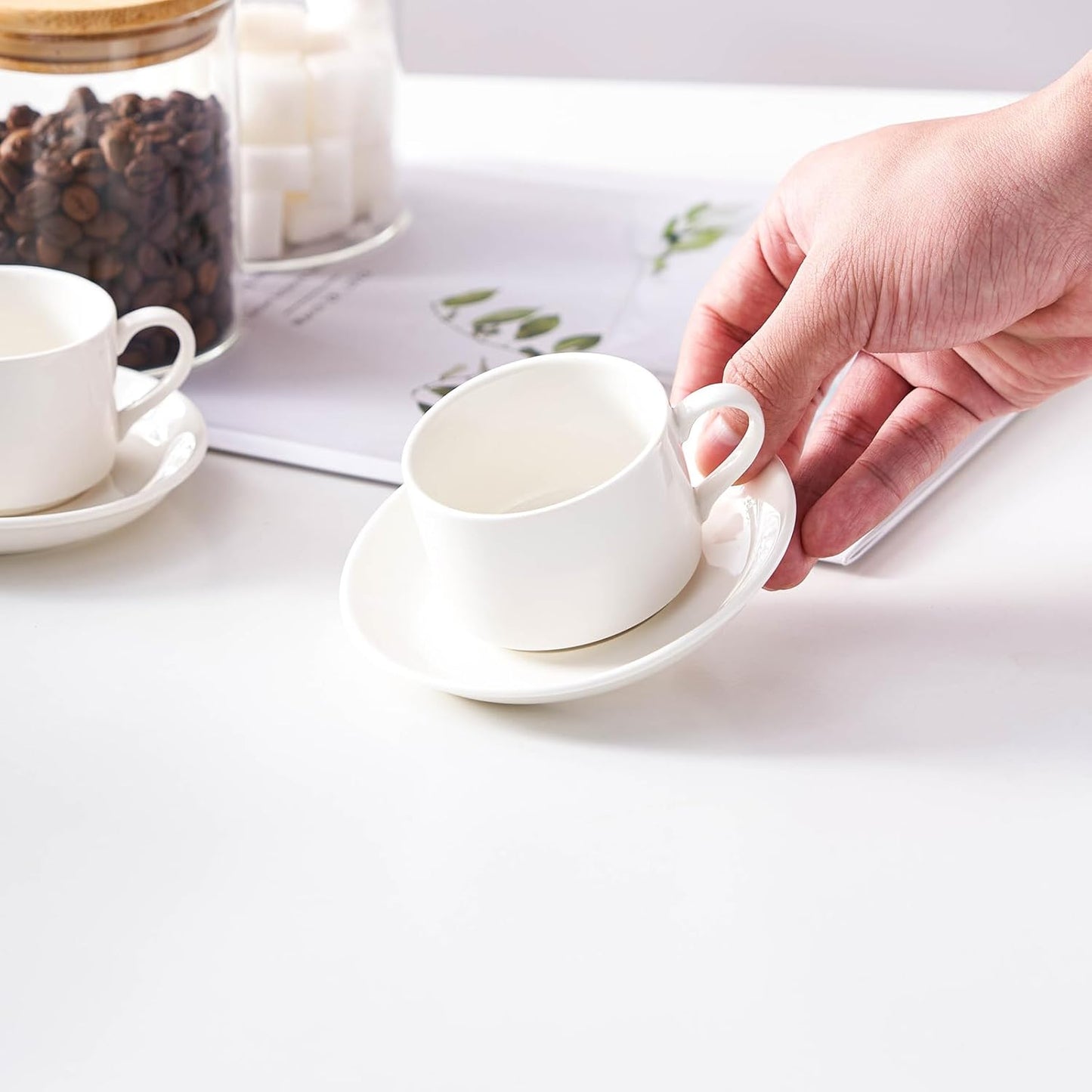 8oz Porcelain Stackable Cappuccino Cups with Saucers and Metal Stand Set of 4, Coffee Cups for Espresso, Specialty Coffee Drinks, Latte, Americano and Tea - White