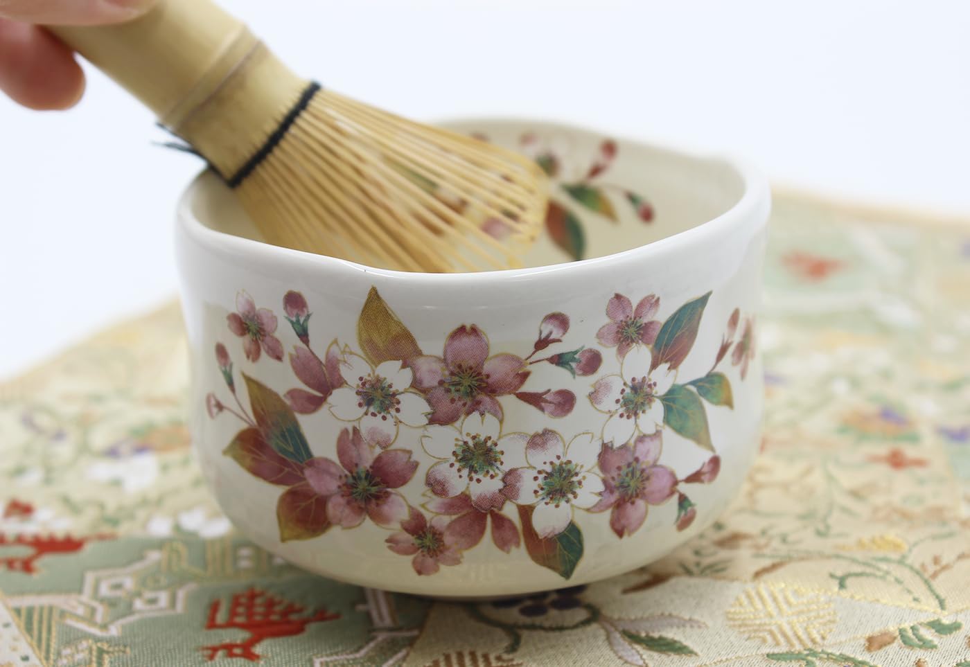 Japanese Traditional Mino Ware Handcrafted Mini Matcha Chawan Tea Bowl Cup Set With Chasen Bamboo Tea Whisk Ceremony Tableware Pottery (Kohiki Sakura)