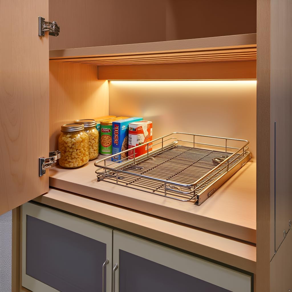 Heavy-Duty Premium Slide Out Shelves, Metal Roll Out Shelves for Kitchen Cabinets, Anti-Rust Chrome Finish (17" W x 21" D)