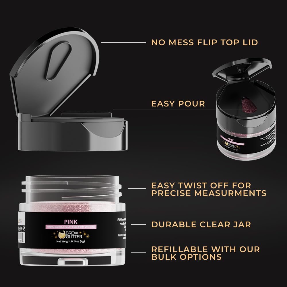 Brew Glitter Pink Edible Drink Glitter 1x 4g Jar for Cocktails, Beer, & Beverages