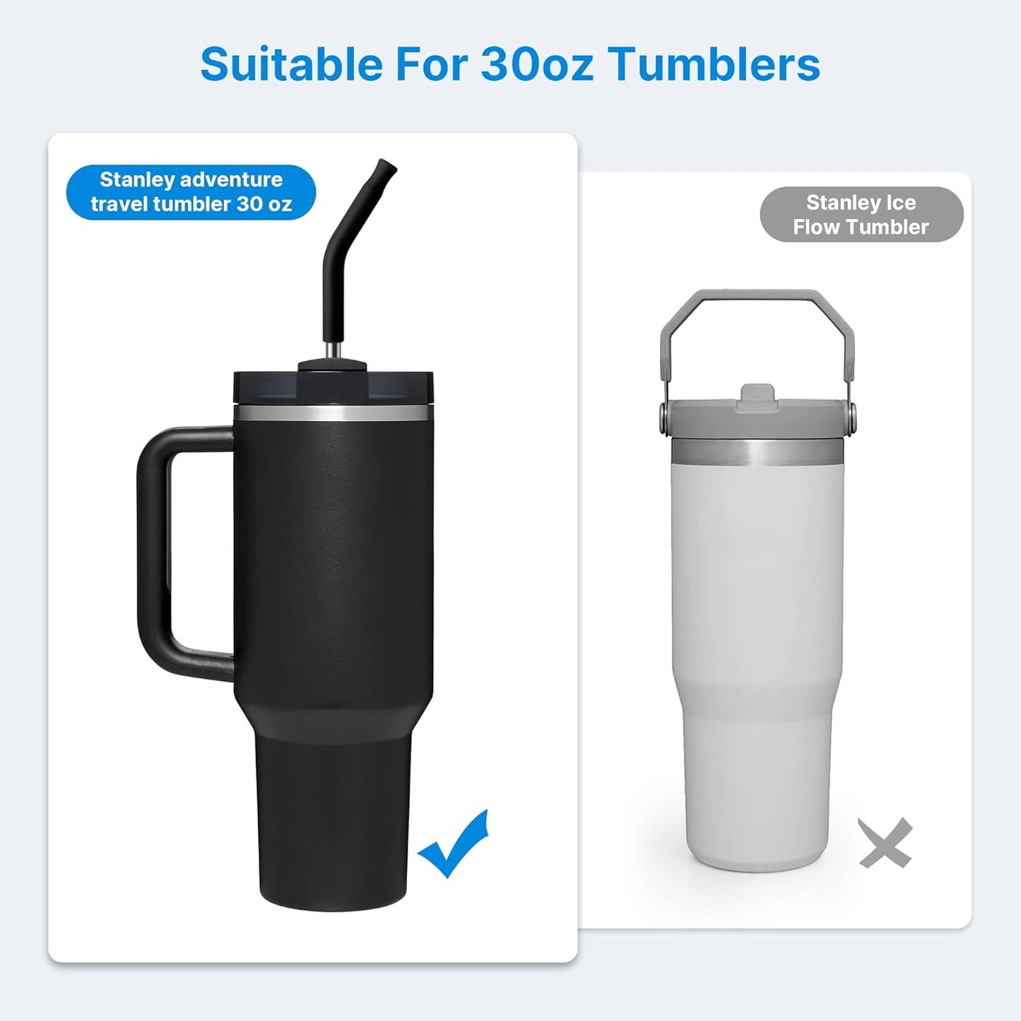 Repeatable Metal Straw with Silicone Tips for 30 oz Stanley Tumbler, 2 Pcs 30 oz Stainless Steel Straws Replacement for Stanley Tumbler, 1 Straw Brush, BPA Free（Black）