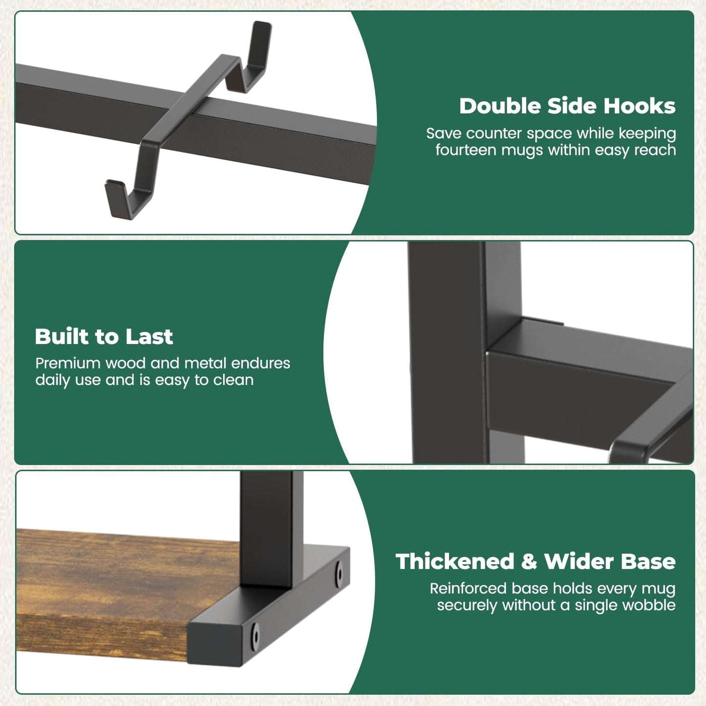 EsLuker.ly Coffee Mug Holder Cup Tree Rack for Countertop, 2 Tier Rustic Wood Coffee Bar Station Organizer Narrow Display Stand for Kitchen Office, Hold 14 Mugs with Sturdy Base, Free Up Counter Space