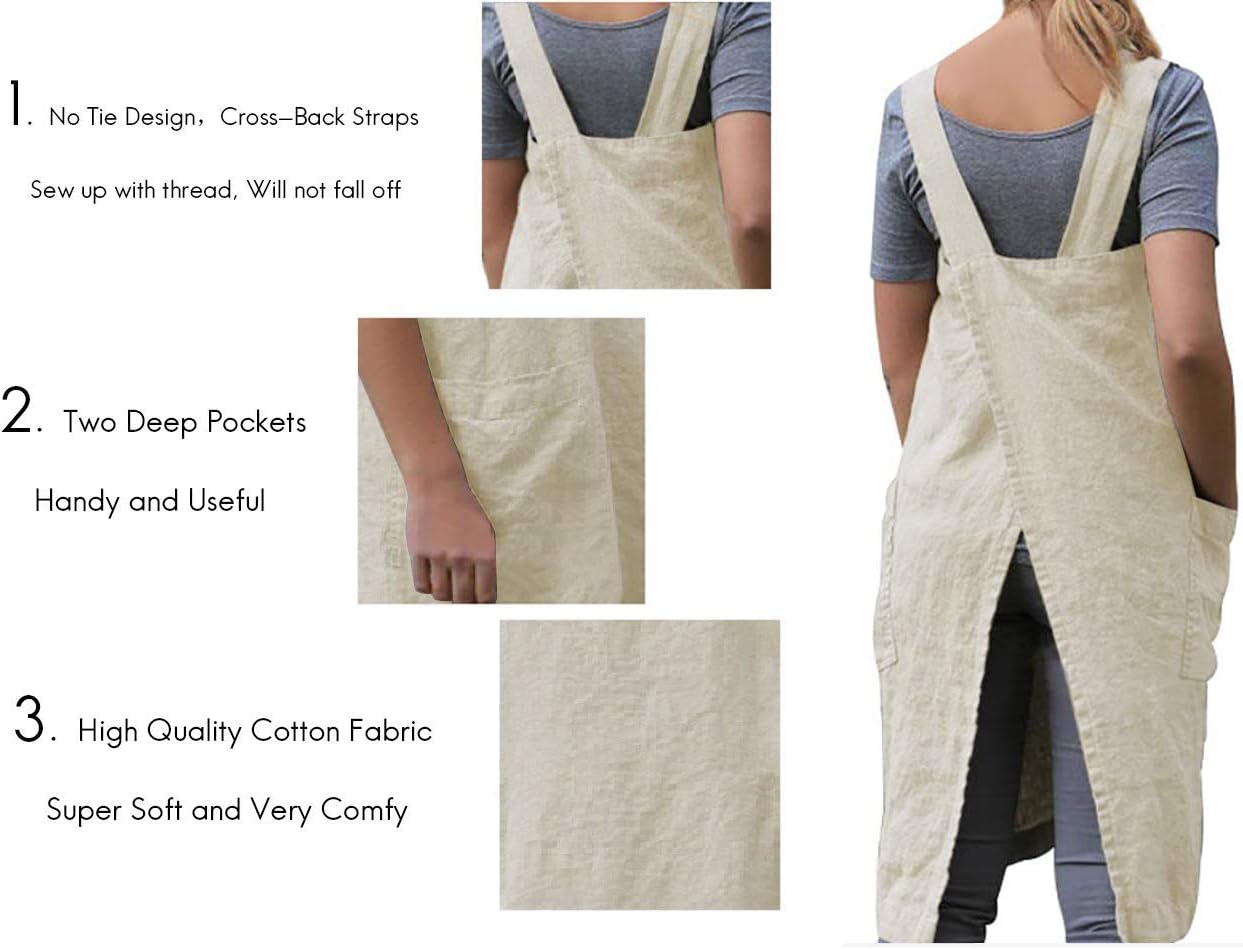 Women's Pinafore Square Apron Baking Cooking Gardening Works Cross Back Cotton/Linen Blend Dress with 2 Pockets