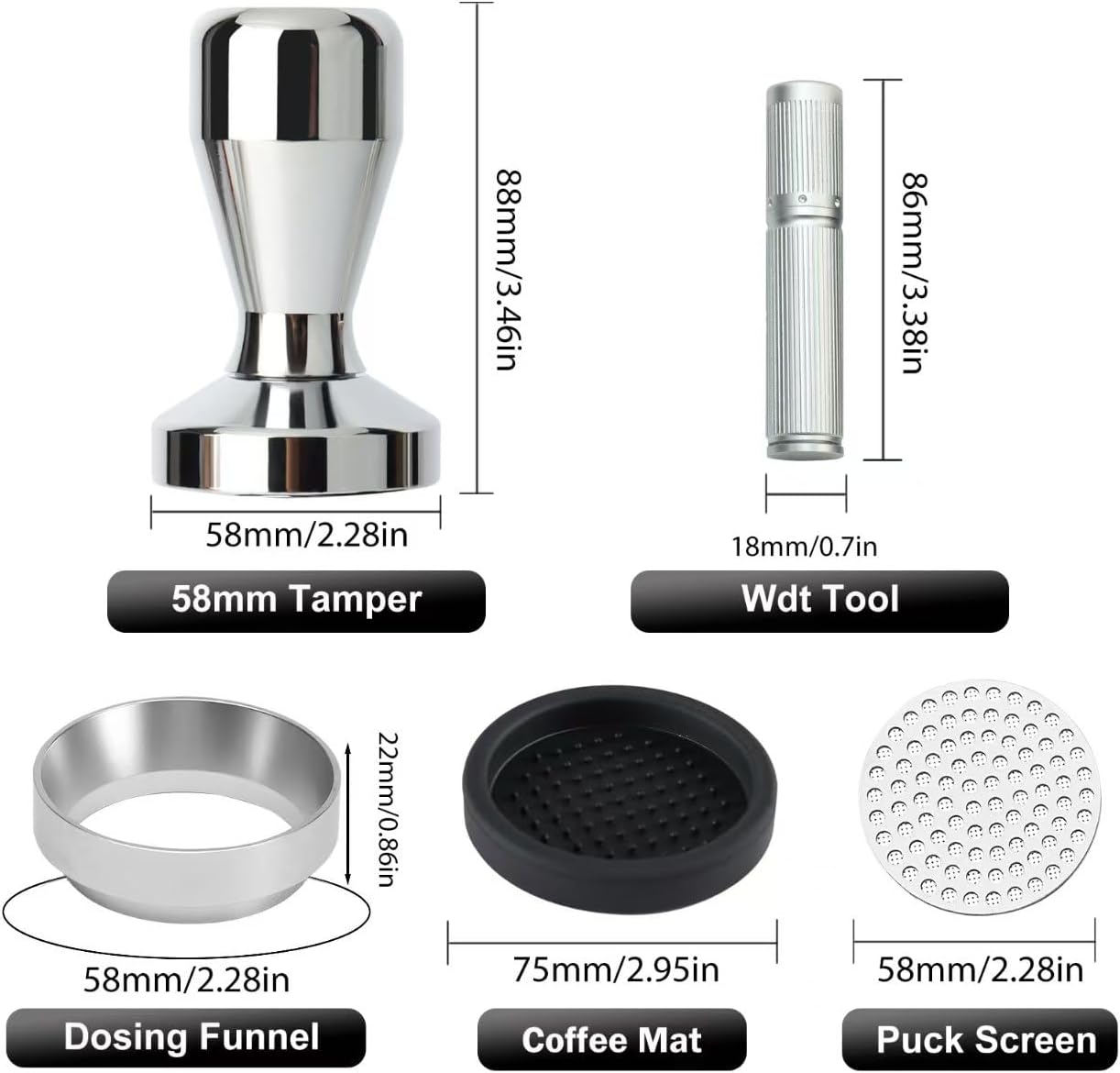 58mm Espresso Accessories Kit,Wdt Tool Espresso,Solid Espresso Tamper,Dosing Funnel and Coffee Puck Screen,Silicone Tamper Mat,0.4mm Stainless Steel 6pin Espresso Stirrer,Barista Tools Espresso Kit