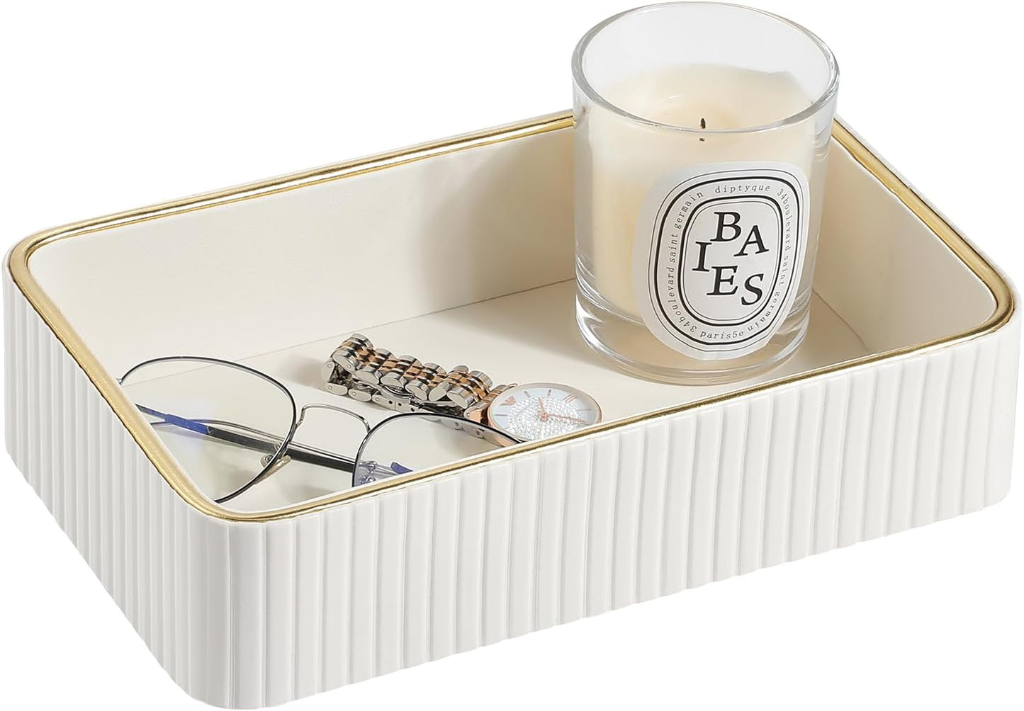 Desk Organizer Tray, PU Leather Valet Tray Nightstand Organizer Cologne Perfume Trays for Men Women, Decorative Vanity Trays Key Bowl Trinket Dish (Ivory, 9.5" x 6" x 2.2")