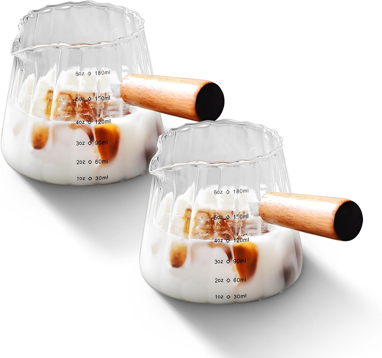 YARRAMATE 2 Pack 6 oz/180ML Glass Measuring Cup with Wooden Handle – Espresso Shot Cups, Ribbed Milk Frothing Pitcher, Dual Scale Markings, V-Shaped Mouth for Easy Pouring